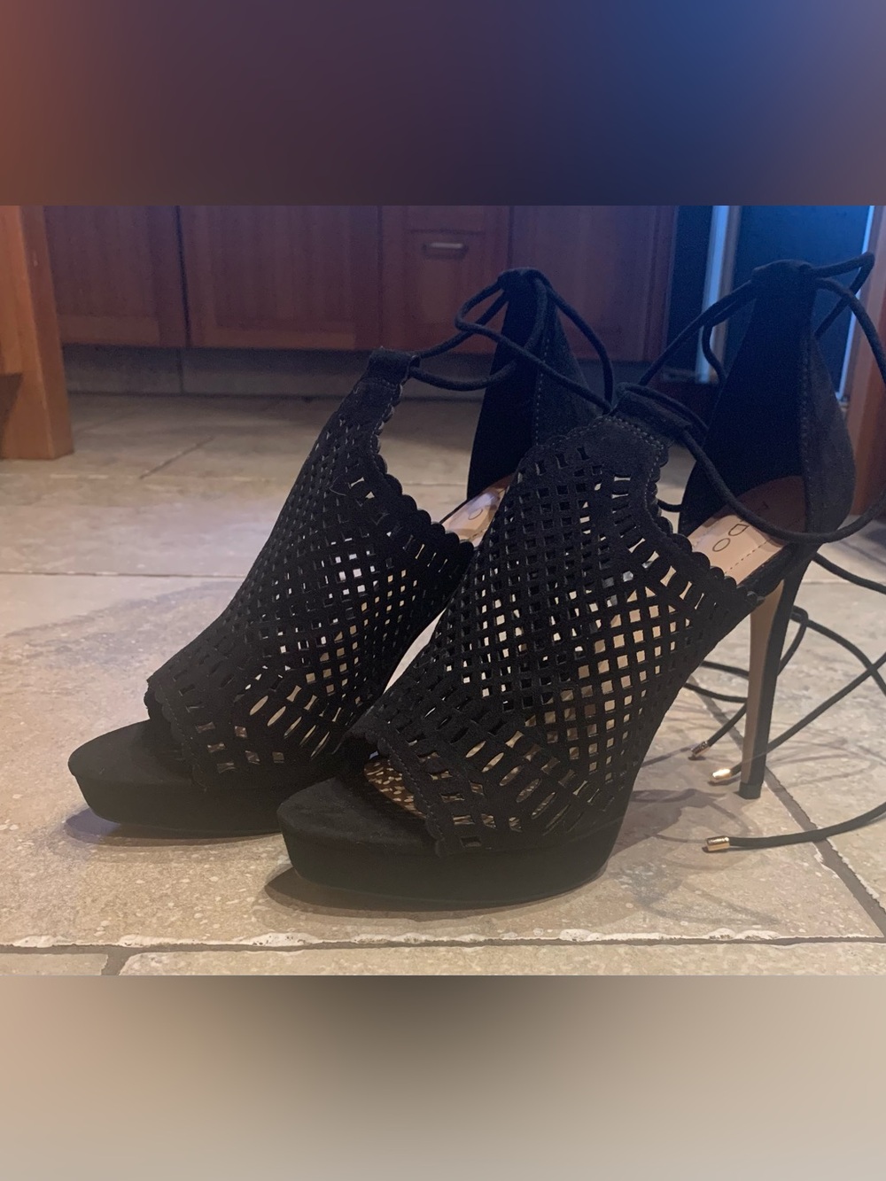 ALDO Black Lace-Up Cutout Stiletto Heels Size 9 Peep Toe Cage Sandals